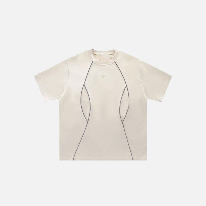 Front view of the beige view of the gray Solid Stripes Loose T-Shirt in a gray background