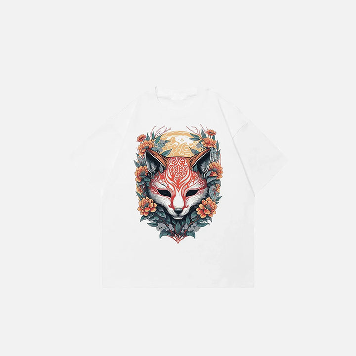 Front view of the white Irregular Fox Print Graphic T-shirt in a gray background 