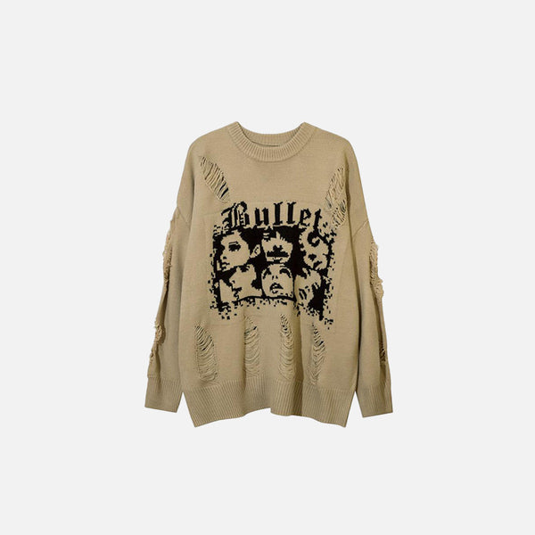 Front view of the beige Loose Face Graphic Ripped Sweater in a gray background