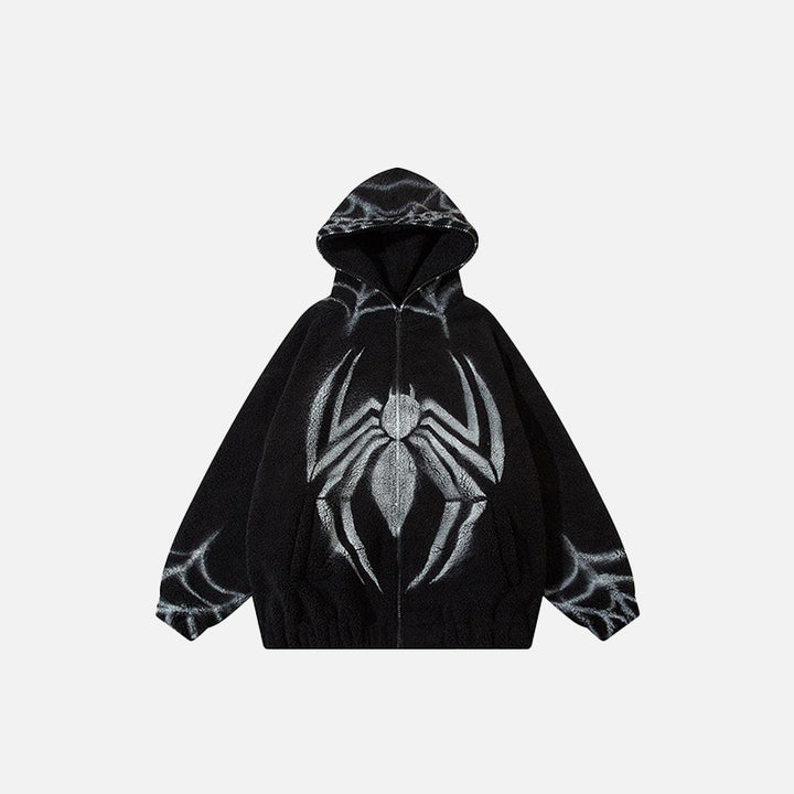 Front view of the black Loose Spider print Fleece Zip-up Jacket in a gray background