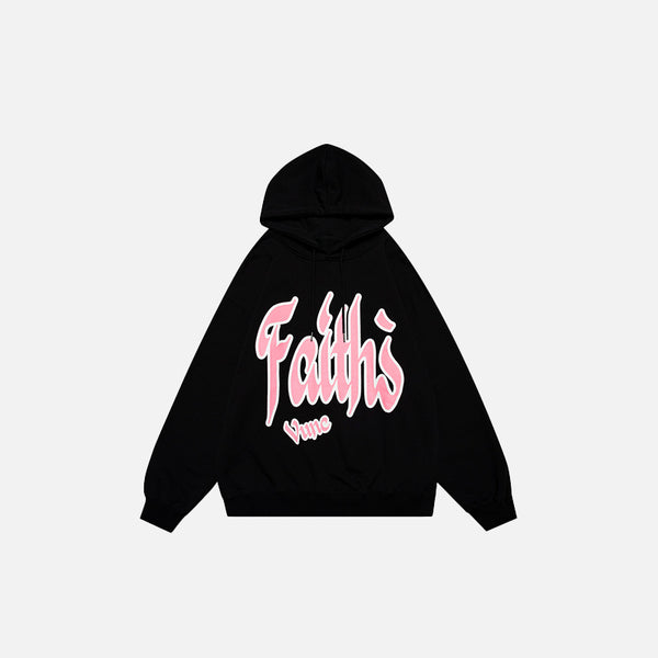 Front view of the black "Faith's" Letter Print Loose Hoodie in a gray background 