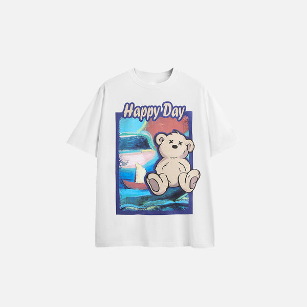 Front view of the white Happy Day Bear Printed T-shirt in a gray background 