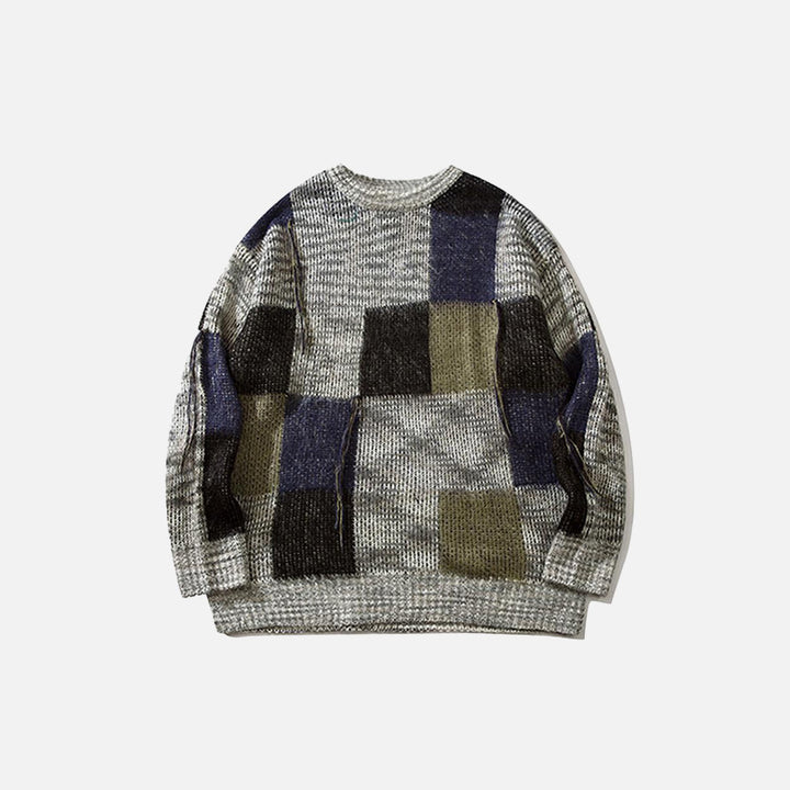 Front view of the gray Patchwork Multi Color Loose Sweater in a gray background 