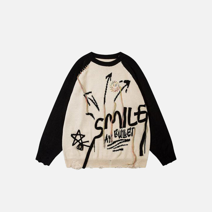Front view of the black "Smile" Letter Print Loose Knitted Sweater 