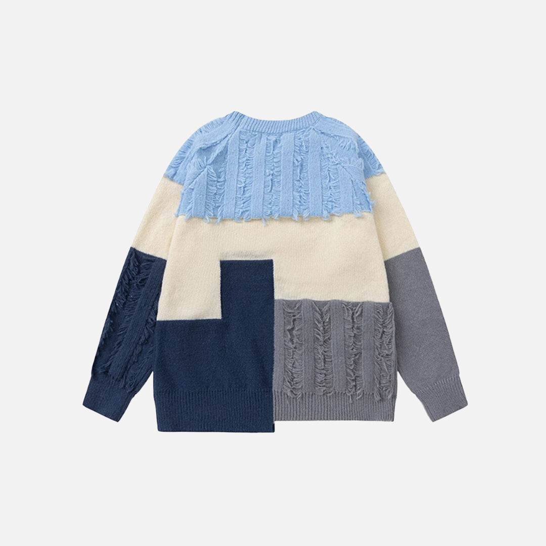 Back view of the blue Mosaic Harmony Sweater in agray background