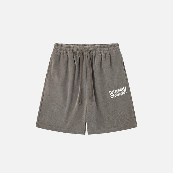 Front view of the gray "Refused Change!" Printed Shorts in a gray background 