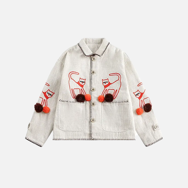 Embroidered Red Cat Garment Linen Jacket
