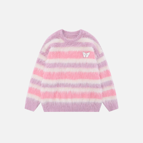 Streetwear Striped Knit Butterfly Pin Sweater