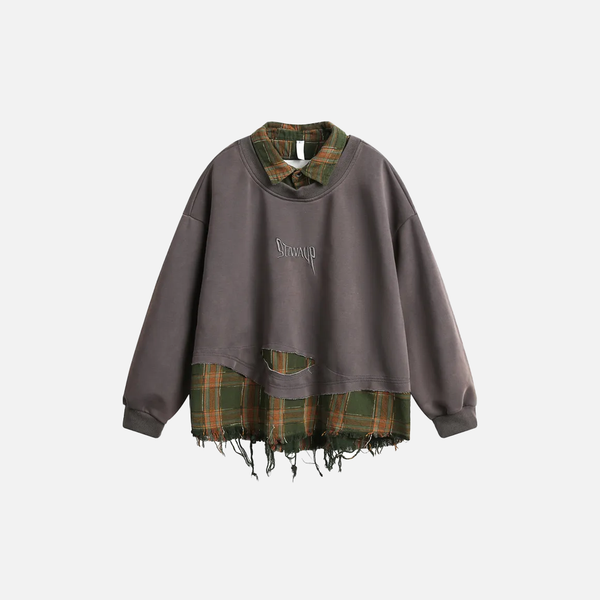 Embroidery Spliced Long Sleeve Ripped Sweatshirt