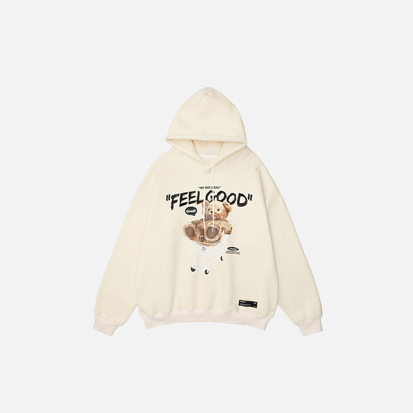 Front view of Feel Good Bear Print Hoodie in a gray background