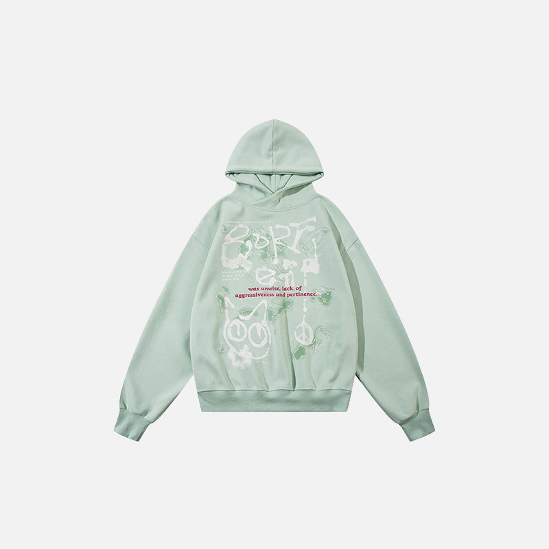 Front view of the green Peace And Chaos Hoodie in a gray background