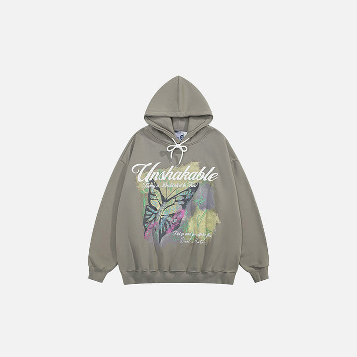 Front view of the khaki Butterfly Printed Loose Hoodie in a gray background