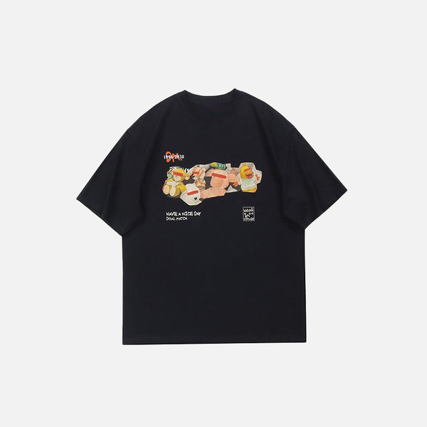 Front view of the black Toy Store Graphic Print T-shirt in a gray background 