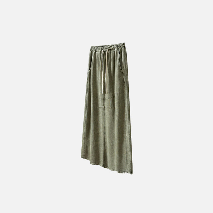 Front view of the olive green Women's Washed Loose Slit Long Skirt in a gray background 