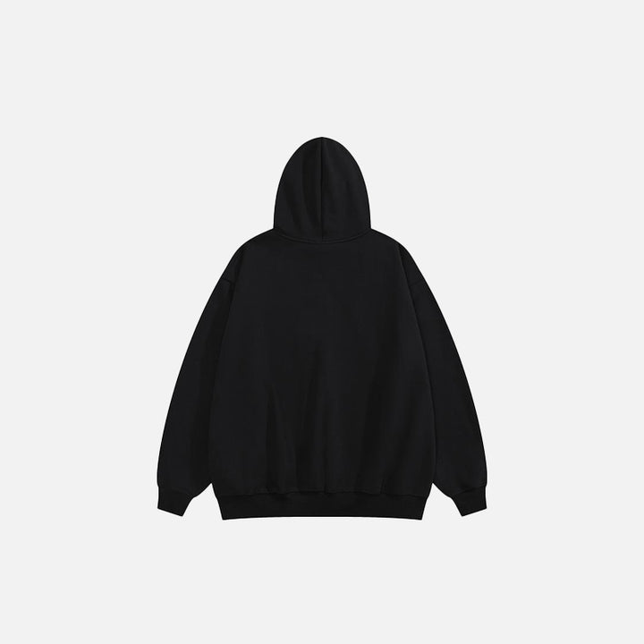 Back view of the black "I Hate This" Letter Print Hoodie in a gray background