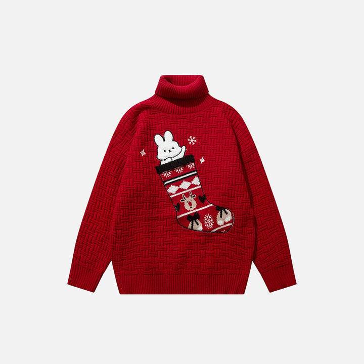Front view of the red Christmas Socks Knitted Sweater in a gray background