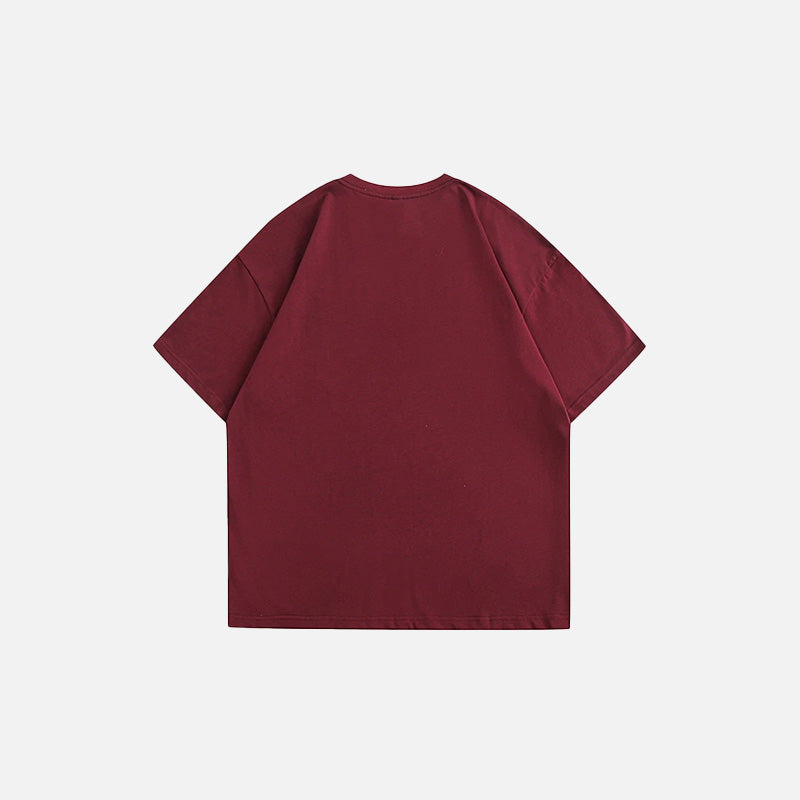 Back view of the red TheStwaup Graphic T-shirt in a gray background