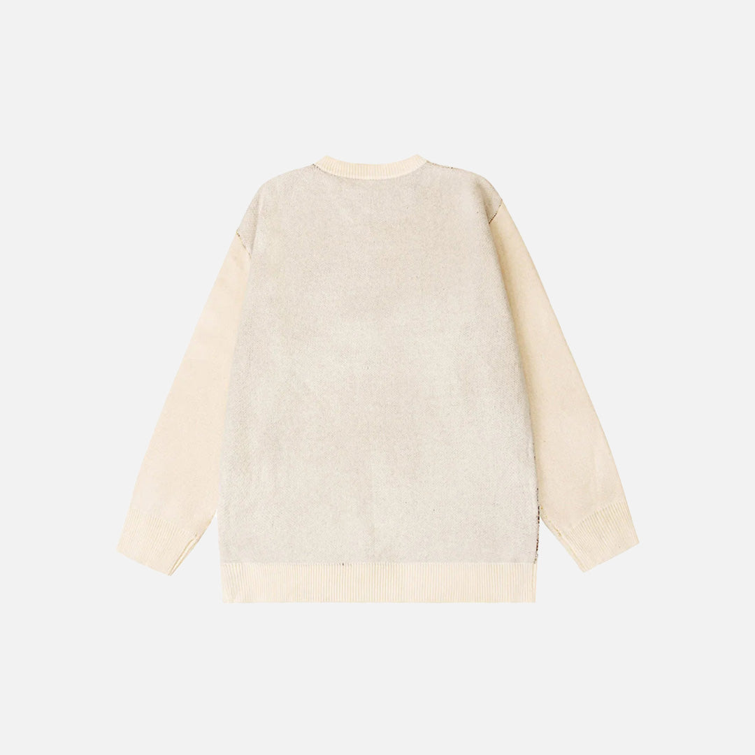 Back view of the beige Cosmic Eye Illumination Sweater in a gray background