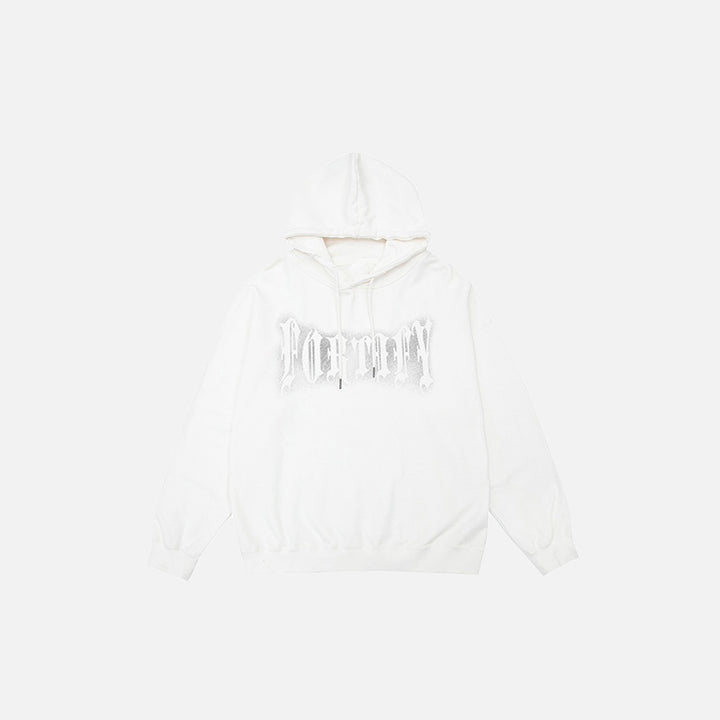 Front view of the white Oversized Graphic Loose Hoodie in a gray background 