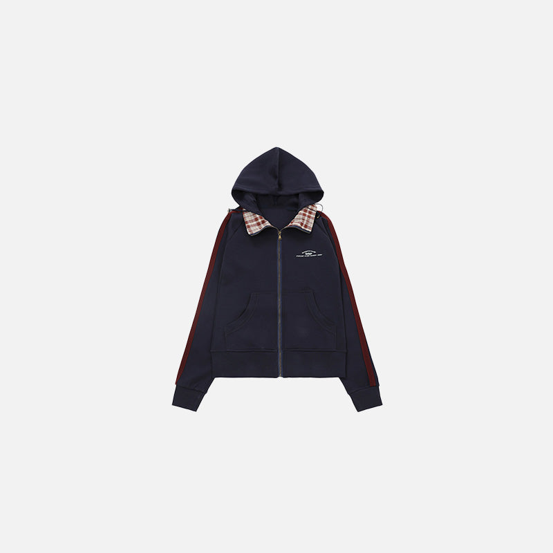 Front vew of the navy blue Plaid Accent Hoodie in a gray background