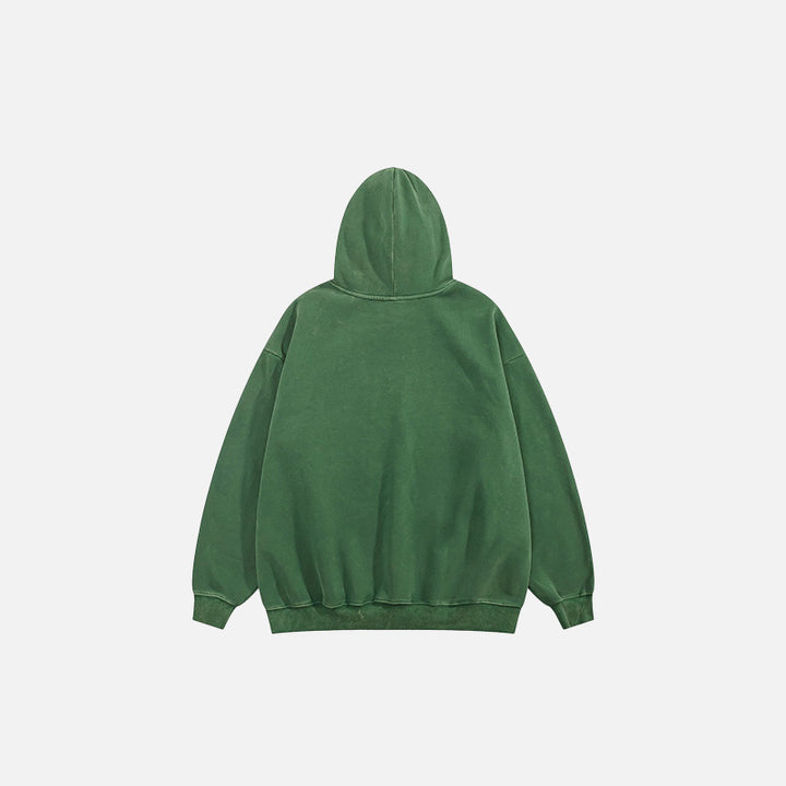 Back view of the dark green Loose Letter Prints Hoodie in a gray background 