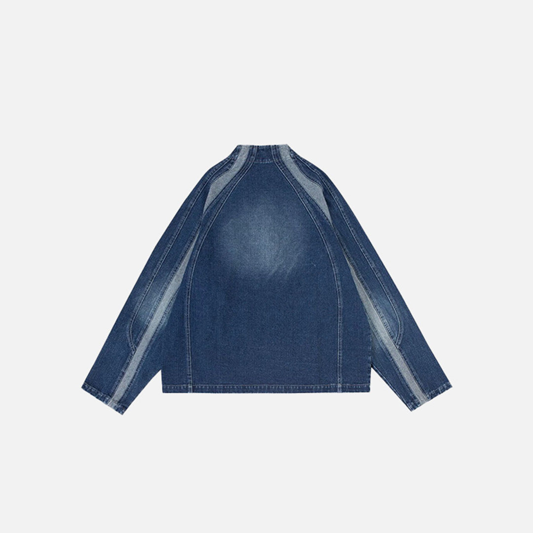 Back view of the blue Denim Racer Jacket in a gray background