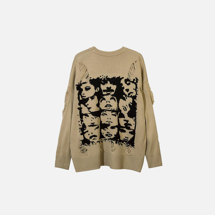 Back view of the beige Loose Face Graphic Ripped Sweater in a gray background