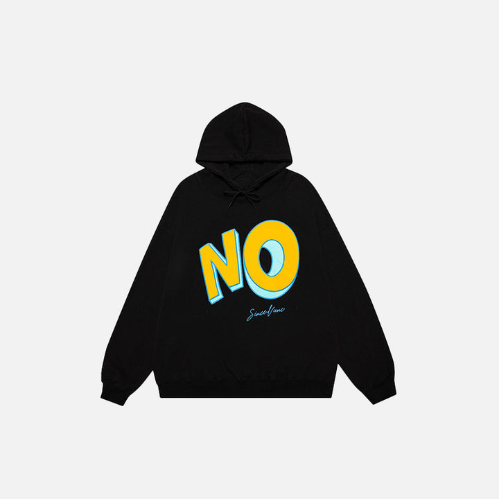 Front view of the black "No" Letter Print Loose Hoodie in a gray background 
