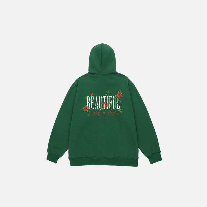 Back view of the green Beautiful Rose Loose Hoodie in a gray background 