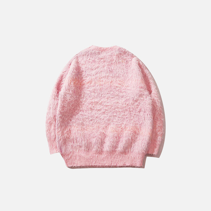 Back view of the pink Fluffy Fleece Letter Print Sweater in a gray background 