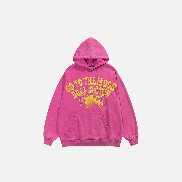 Front view of the peach Distressed Washed Loose Hoodie in a gray background 