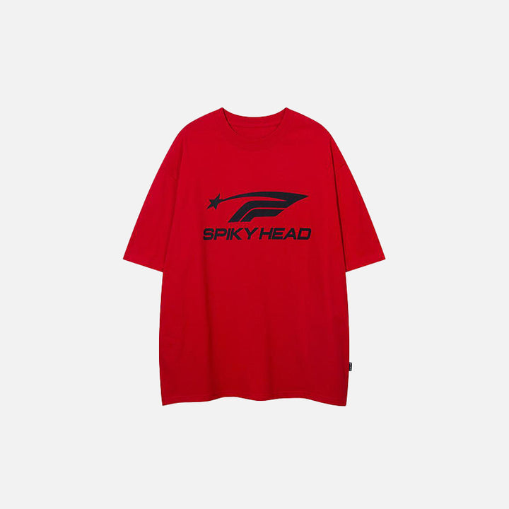 Front view of the red "Spiky Head" Letter Print T-shirt in a gray background 