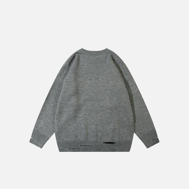 Back view of gray Ripped Star Baggy Sweater in a gray background