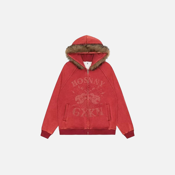 Men Distressed Rock Print Furr Hooded Sweatshirt