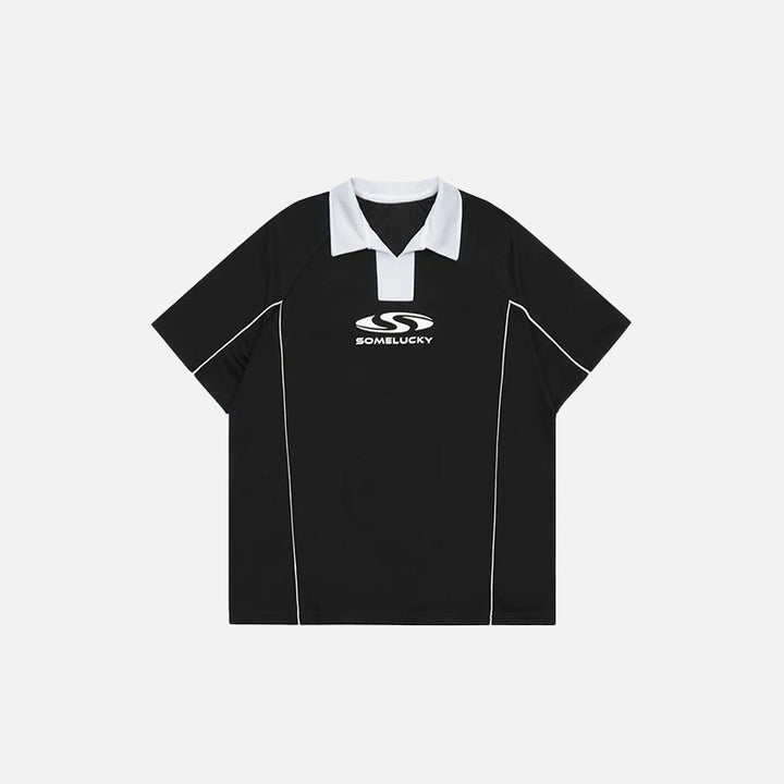 Front view of the black "Some Lucky" Printed Sports Polo T-shirt in a gray background