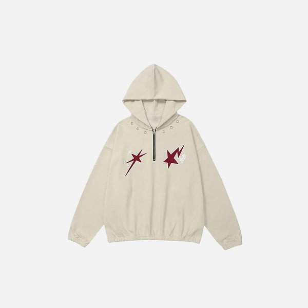 Front view of the beige Loose Star Embroidery Hoodie in a gray background
