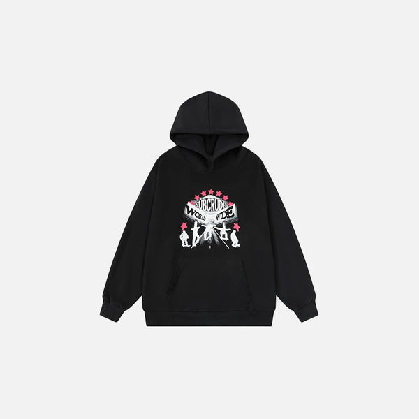 Front view of the black World Tour Icon Hoodie in a gray background