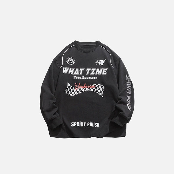 Front view of the black Oversized Racing Loose Sweatshirt in a gray background