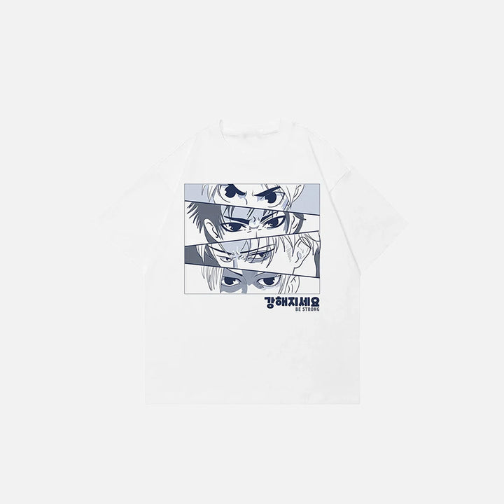 Front view of the white Y2k Loose Anime Eyes Graphic T-shirt in a gray background 