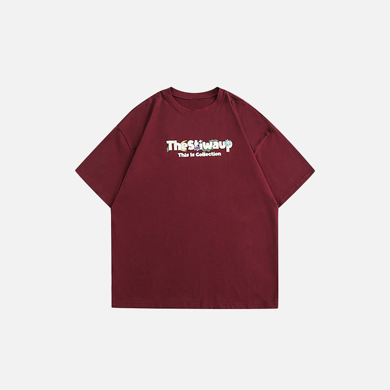 Front view of the red TheStwaup Graphic T-shirt in a gray background
