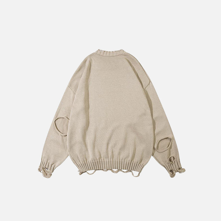 Back view of the beige Loose Ripped Hole Solid Color Sweater in a gray background