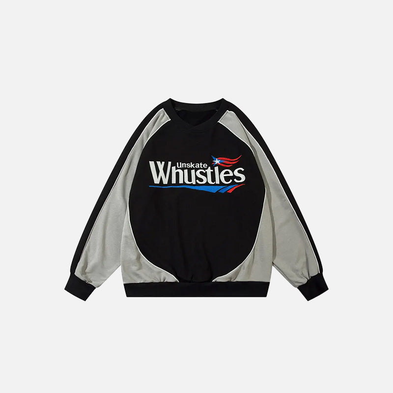 Front view of the black Whustles Classic Skate Sweatshirt in a gray background