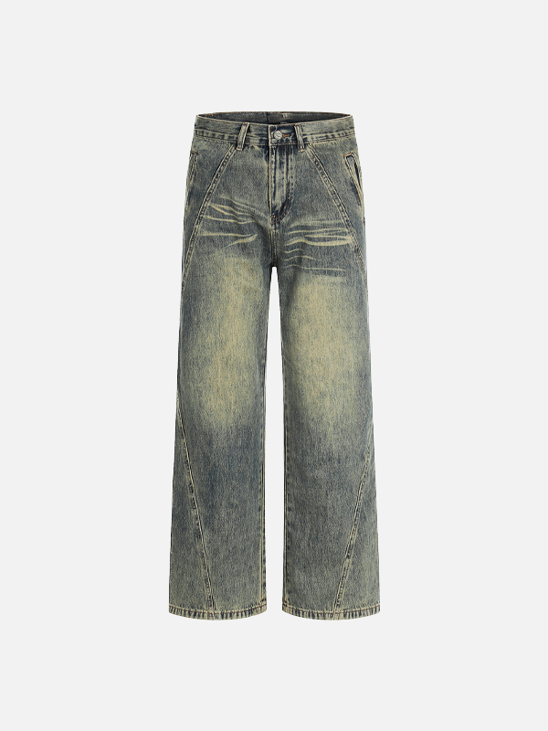 Fashionable Washed Distressed Denim Straight Leg Jeans