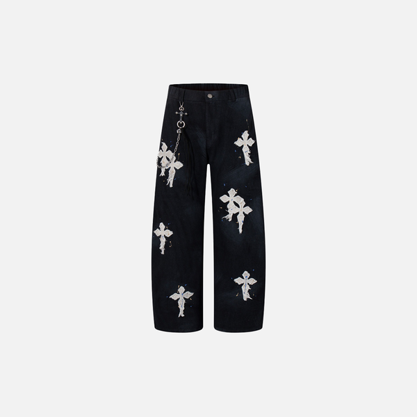 Gothic Cross Embroidered Distressed Denim Jeans
