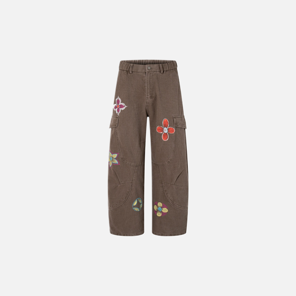 Unique Hand-Painted Floral Design Wide-Leg Cargo Jeans