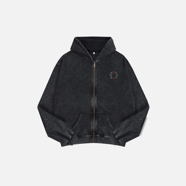 Washed Streetwear Embroidered Zip-Up Hooded Sweatshirt