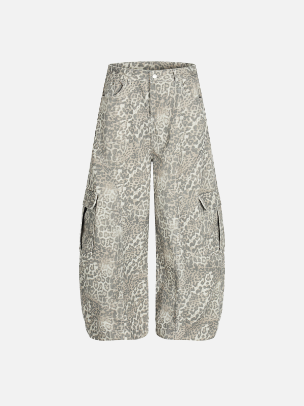 Vintage Punk Leopard Print Cargo Denim Jeans