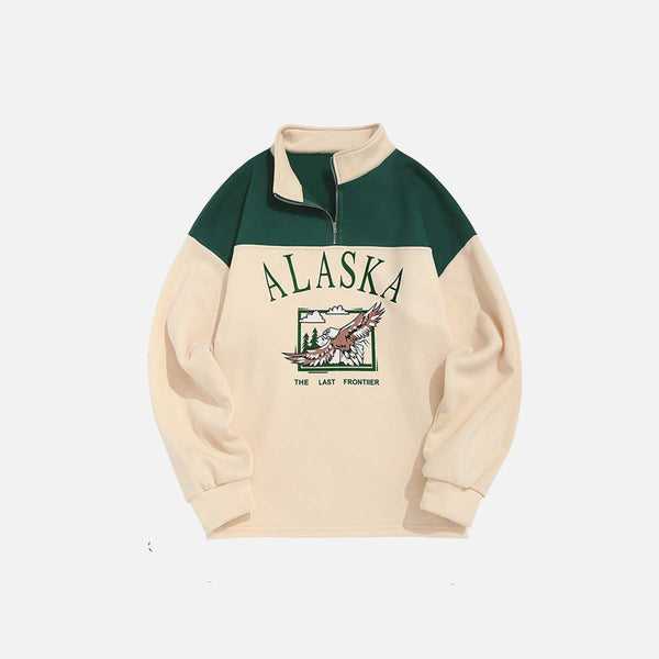 ALASKA Eagle Print Fleece Color Block Sweatshirt