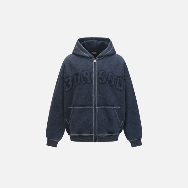 Washed Plush Embroidered Zip-Up Hooded Sweatshirt