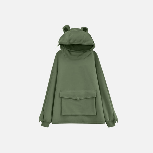 Frog Long Sleeve Solid Color Hoodie